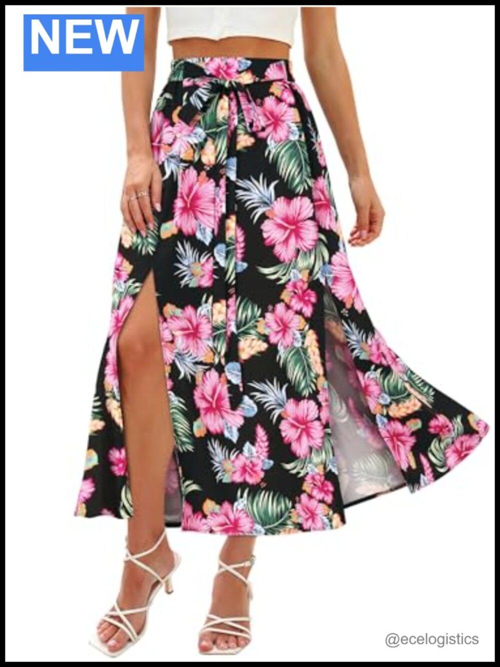 100% Polyester Flowy A-Line Maxi Skirt with Pockets Double Side Slit Vacation